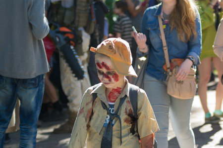 Saint Petersburg, Russia - August 15, 2015: people dressed as zombies parade on the street while walking in St. Petersburg zombie, the zombie walk is part of the event a flash mob.のeditorial素材