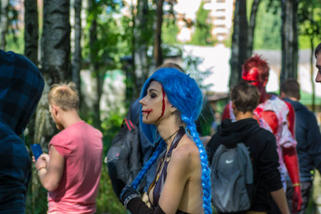 Saint Petersburg, Russia - August 15, 2015: people dressed as zombies parade on the street while walking in St. Petersburg zombie, the zombie walk is part of the event a flash mob.のeditorial素材