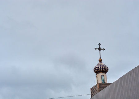 brick temple against the sky with destroyedの写真素材
