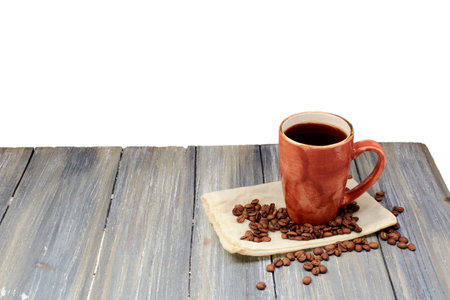 isolated coffee mug on wooden boards with mountain viewの写真素材