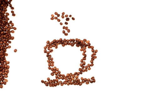 coffee bean mug close-up top view on white backgroundの写真素材