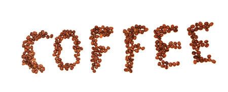coffee bean lettering close-up top view on white backgroundの写真素材