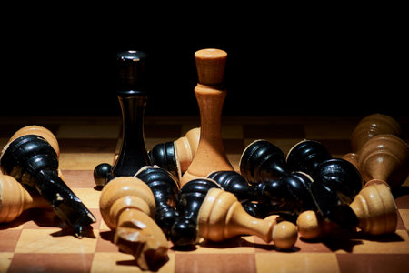 Black and White King and Knight of chess setup on dark backgroundの写真素材