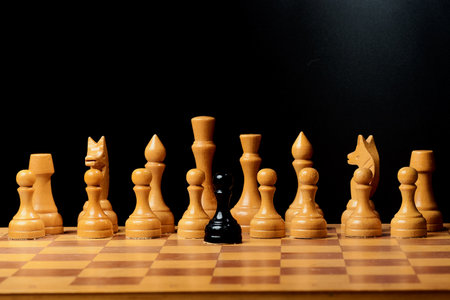 Black and White King and Knight of chess setup on dark backgroundの写真素材