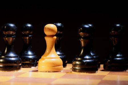 Black and White King and Knight of chess setup on dark background . Leader and teamwork concept for success. Chess concept save the king and save the strategyの写真素材