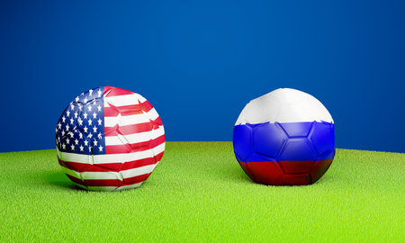 USA vs Russia soccer ball on lawn 3D renderingの写真素材