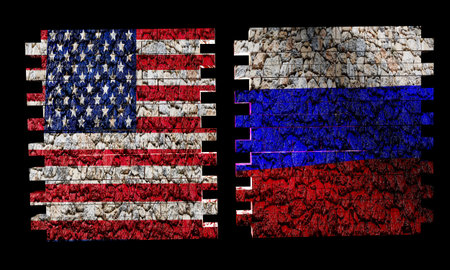 Us vs. Russia brick wall with flag in 3D renderingの写真素材