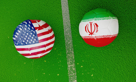 USA vs Iran soccer ball on green lawn 3D renderingの写真素材