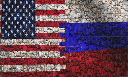 Us vs. Russia brick wall with flag texture in 3D renderingの写真素材