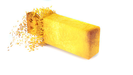 bitcoin inscription made of gold is destroyed and appears on a white background of 3D renderingの写真素材