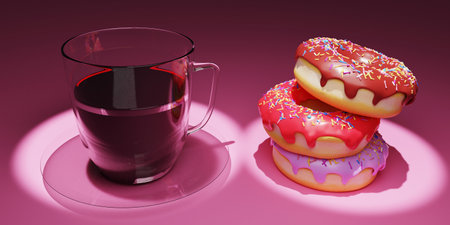 coffee and doughnuts 3D rendering which is loved by Americans is made on a pinkの写真素材