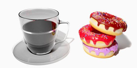 coffee and doughnuts 3D rendering which is loved by Americans is made on a whiteの写真素材