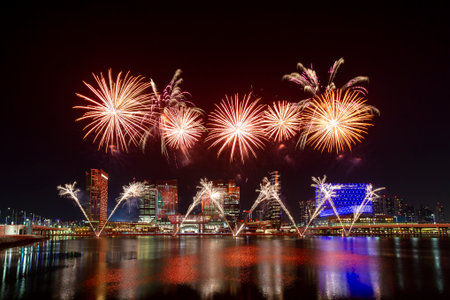 Abu Dhabi, UAE - December 3, 2021: Fireworks above Galleria Mall for 50th Golden Jubilee UAE...