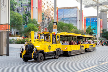 Dubai, UAE - November 4, 2021: Explorer train at Expo2020 in Dubai with visitors onboard