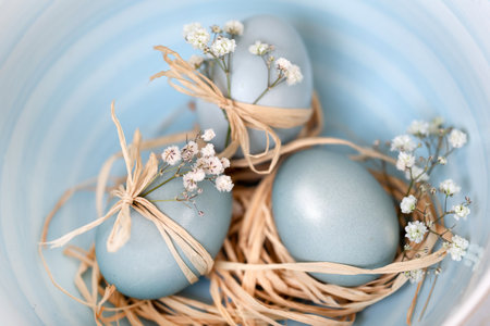 Baby blue colored Easter eggs in a bowl, top view macro closeup with shallow depth of field. Festive decoration.の写真素材