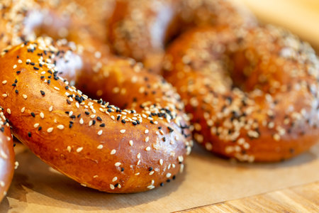 Delicious freshly baked bagels at the cafe, a perfect addition to the morning coffeeの写真素材
