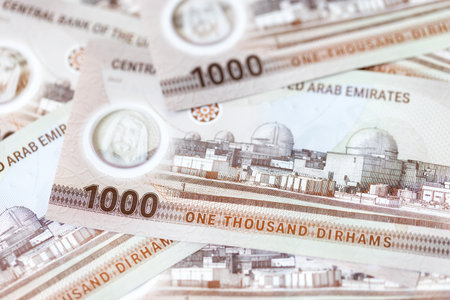 UAE dirhams, new banknotes of one thousand, paper money closeupの写真素材