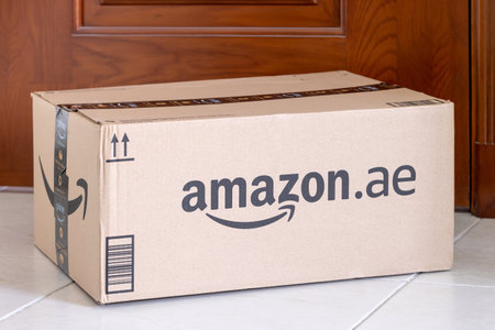 Abu Dhabi, UAE - May 16, 2023: Amazon package with goods delivered to the doorのeditorial素材