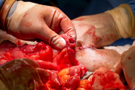 Surgical operation, closeup on operating field and hands of surgeonsの写真素材