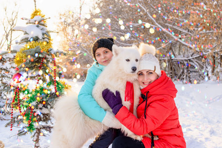 young girl and her mum walking with a dog in winter park.の写真素材