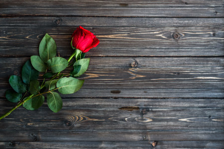 Romantic background with red rose on wood table, top view.の写真素材