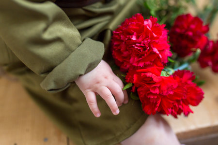 Red carnation in childrens handsの写真素材