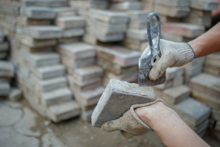 Master puts sidewalk tile. Laying paving slabsの写真素材