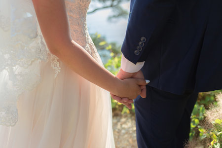 Wedding couple holding hands. Bridge and groomの写真素材