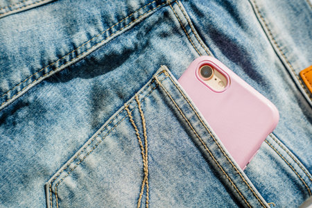 Modern smartphone in the pocket of jeans, close-up, Cell phone in the pocket of jeans in blue jeans, denim background texture.の写真素材