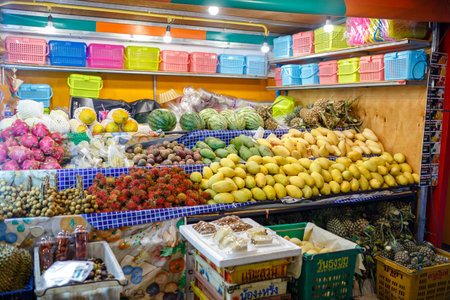 Traditional asian food market in Thailand, exotic fruits.の写真素材