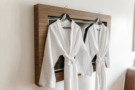 Two white rag bathrobes towels on wooden hangers in the interior of a stylish room. Relax in the for two.の写真素材