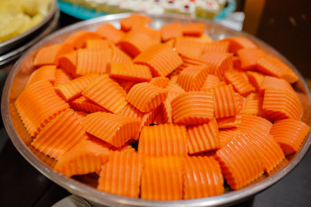 The papaya fruits on a wooden table , beautiful buffet styleの写真素材