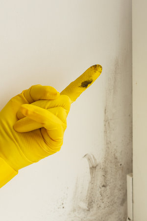 A man in a rubber glove points to the mold. Plastic window and window sill in mold and dirt. Fungus and dampness at the wet window.の写真素材
