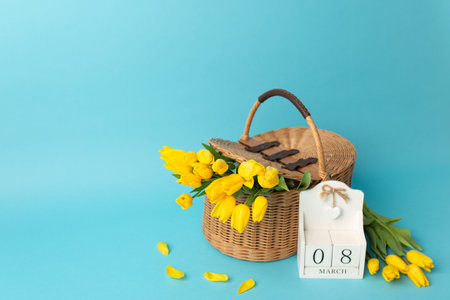 international women day. Wooden calendar 8 of march and yellow tulips in a basket of vines on blue background.の写真素材