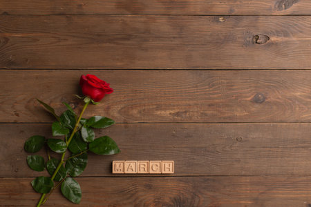 Red rose with Inscription March on wooden cubes on the wooden background. International Women's Day, March 8. Copy spaceの写真素材