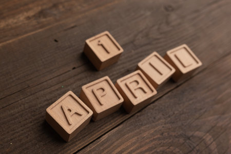 April 1 on wooden cubes. Calendar for April. Fools' Day, calendar date April 1.の写真素材