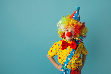 Funny kid clown against blue background. 1 April Fool's day concept.の写真素材