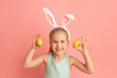 Portrait of cute smiling girl with Bunny ears and yellow Easter eggs, isolated on pink background. Happy Easter.の写真素材
