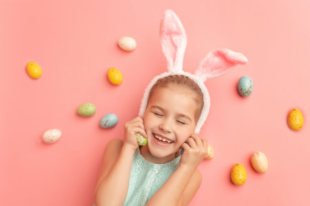 Portrait of cute smiling girl with Bunny ears and Easter eggs, isolated on pink background. Happy Easter.の写真素材