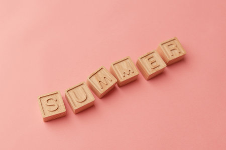 The concept of a summer. Wooden letters Summer on the pink background.の写真素材