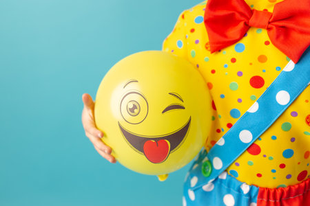 A bright yellow ball with a cheerful face in the hands of a clown child. Birthday and 1 April Fool's day concept.の写真素材