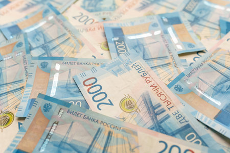 Russian money. Different denominations of bills. Close-up of Russian rubles. finance concept. Money...