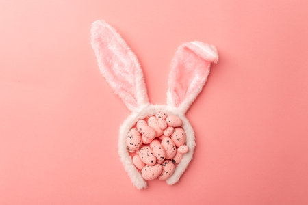 Pink Easter eggs and bunny toy ears lie on a pink background. The concept of the Easter holiday,...