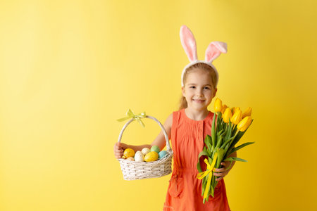 Beautiful cute little girl in Easter bunny ears holds a basket with eggs on a yellow background....