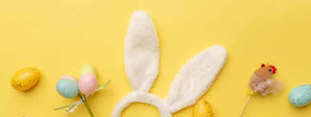 Bunny rabbit ears and Easter decor on yellow background. Easter minimal concept. flat lay.