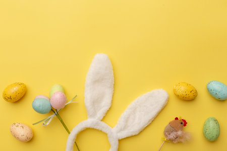 Bunny rabbit ears and Easter decor on yellow background. Easter minimal concept. flat lay.の写真素材