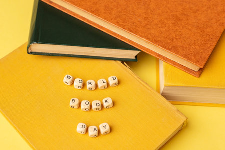 Stack of books and text World Book Day. education background. Literacy day.の写真素材