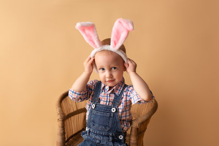 Cute little boy with bunny ears on beige background. Happy Easter