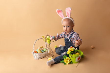 Cute little boy with bunny ears and easter eggs on beige background. Happy Easter
