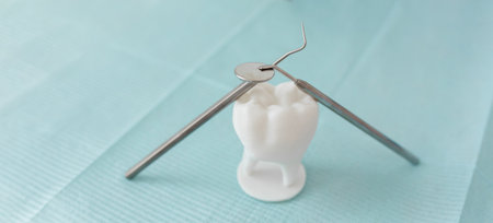 Dentist tools on light blue background. Dental hygiene and healthcare conceptの写真素材